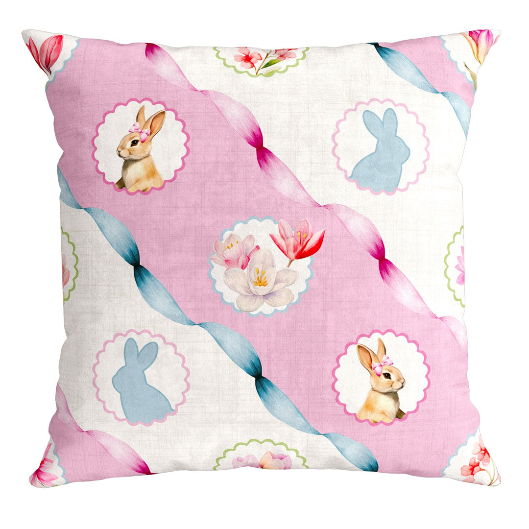 Capa Almofada Veludo Páscoa Coelho Laços Branca 43x43cm