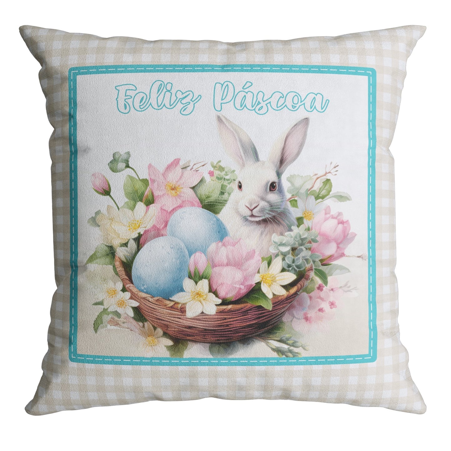 Capa Almofada Aveludada Coelhos Cesta Ovos Páscoa 43x43cm