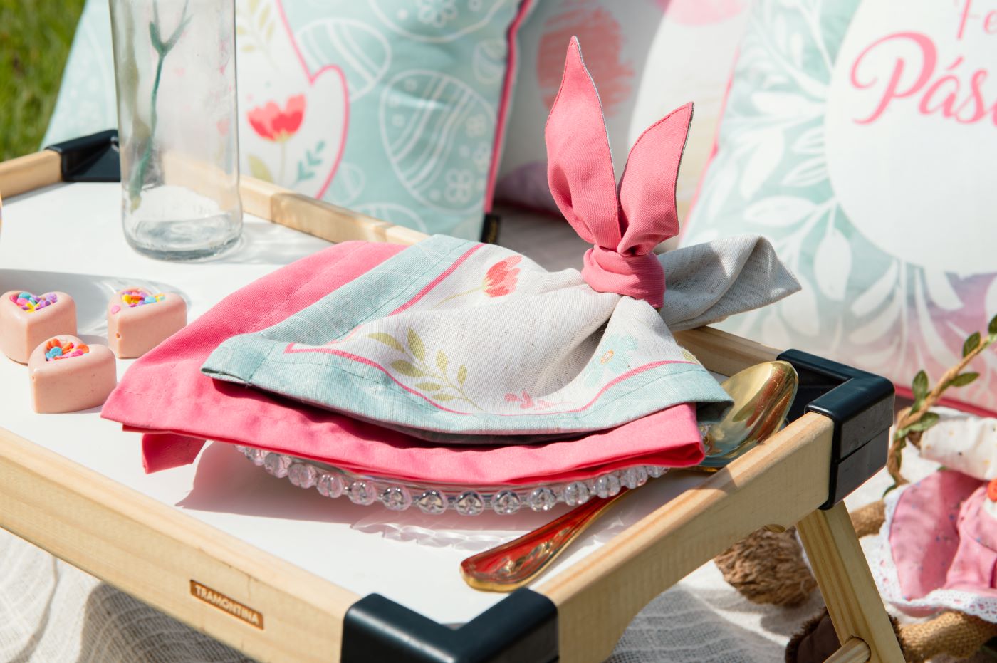 Kit 2 Guardanapos Páscoa Tricoline Floral Verde Pastel 40x40 + 2 Argolas