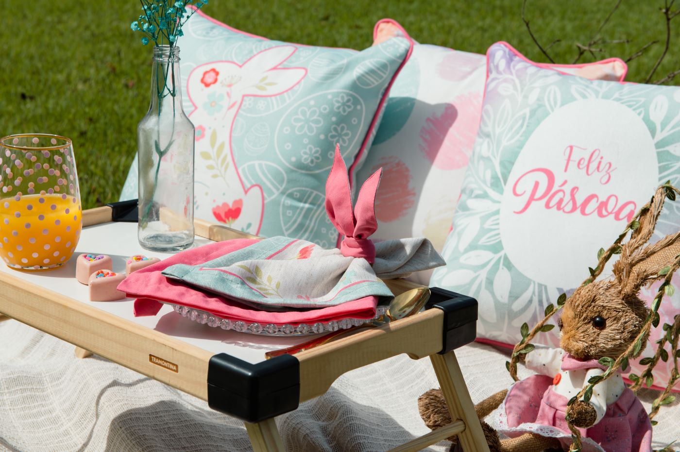 Kit 2 Guardanapos Páscoa Tricoline Floral Verde Pastel 40x40 + 2 Argolas