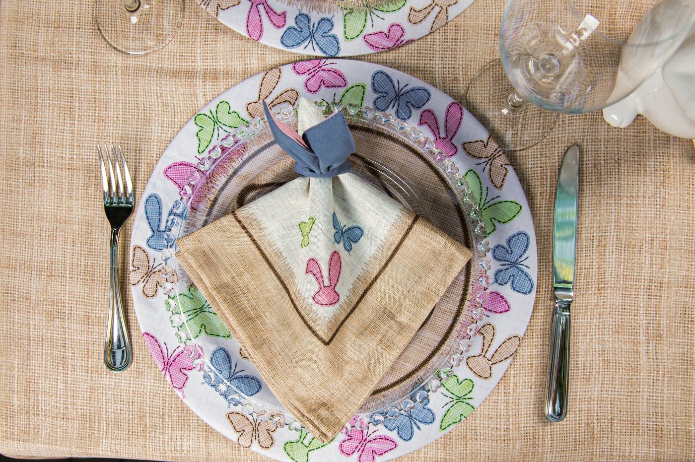 Kit 2 Guardanapos Páscoa Branco Bege Linho 40x40 + 2 Orelinhas
