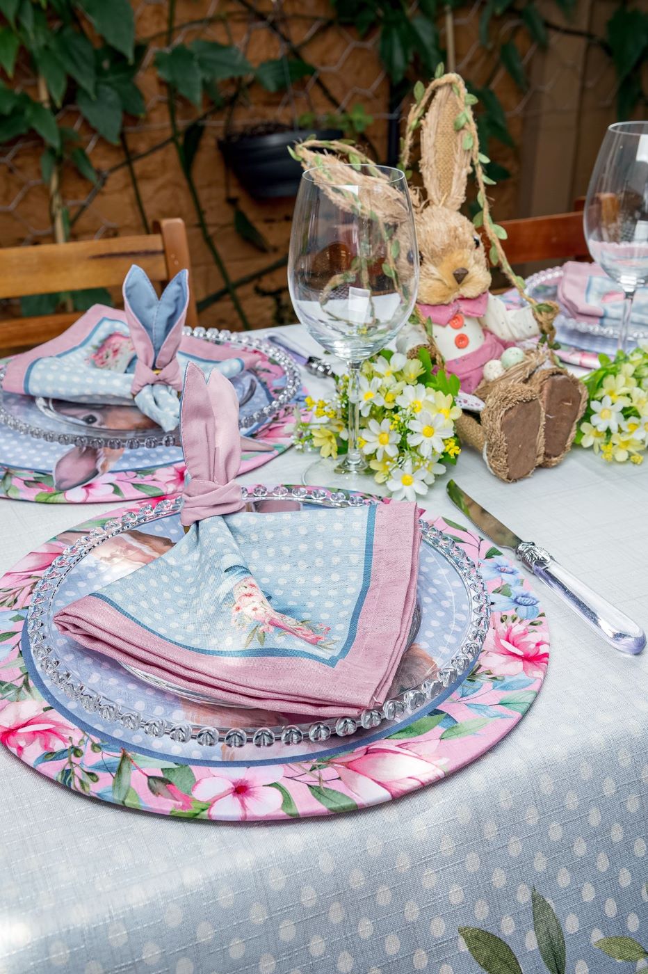 Kit 2 Guardanapos Páscoa Azul Rosa Poá Linho 40x40 + 2 Orelinhas