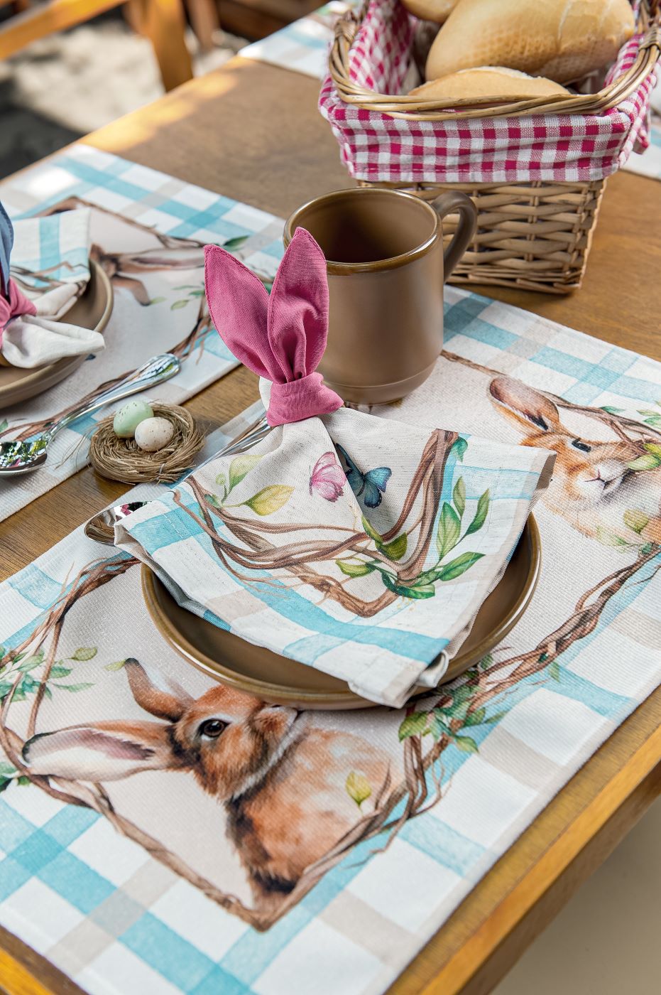 Kit 2 Guardanapos Páscoa Ramos Xadrez Linho 40x40 + 2 Orelinhas
