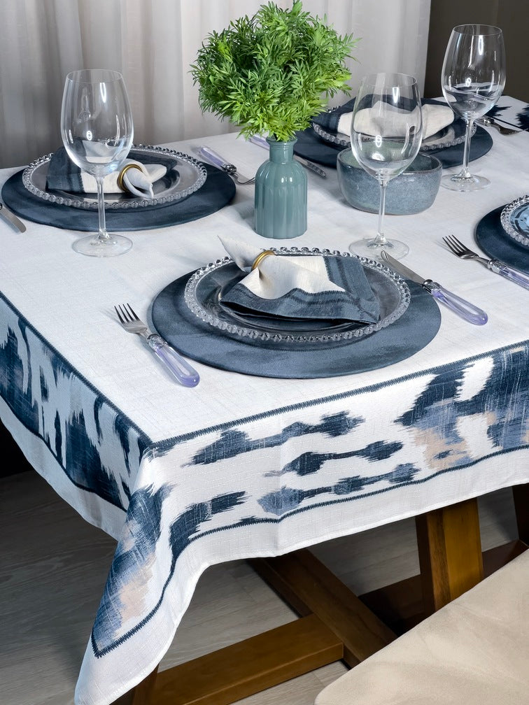 Toalha de Mesa Retangular Ikat Azul 8 Lugares 140x270