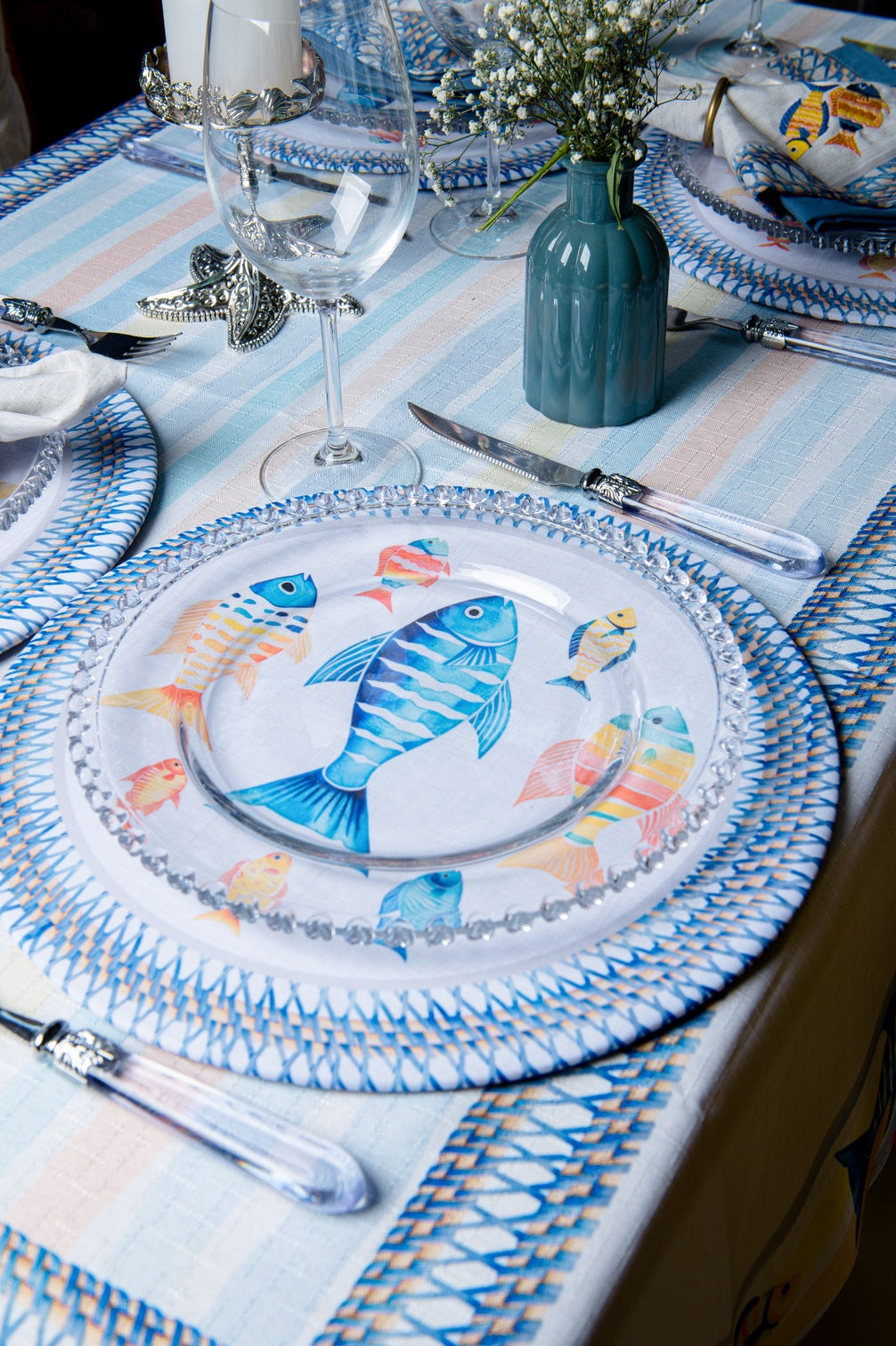 Toalha de Mesa Retangular Acqua Praia 8 Lugares 140x270