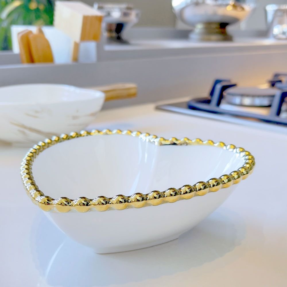 Bowl Coração Branco Borda Dourada