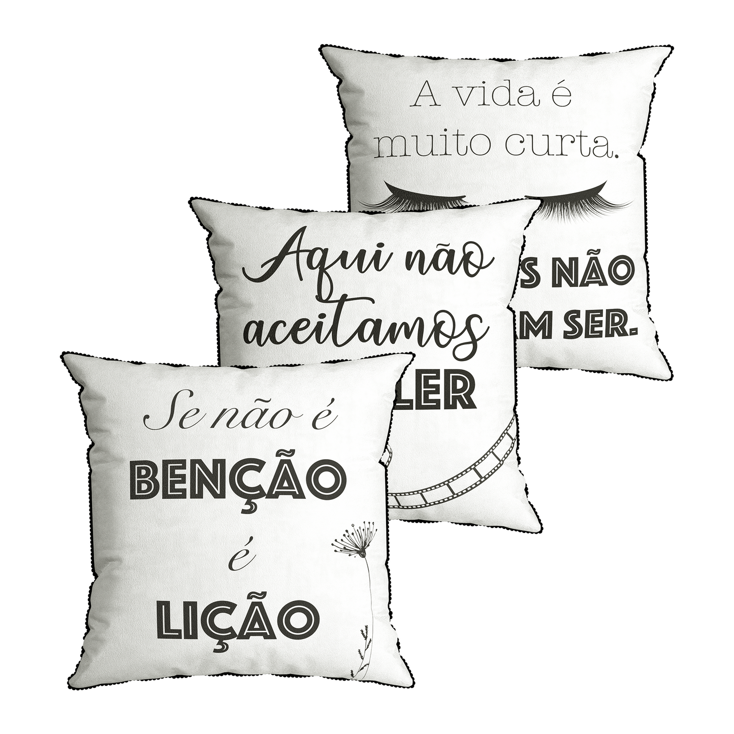 Kit Capa Almofada Aveludada Branca Frases Leve Canelado e Grelot Quadrada Dolce