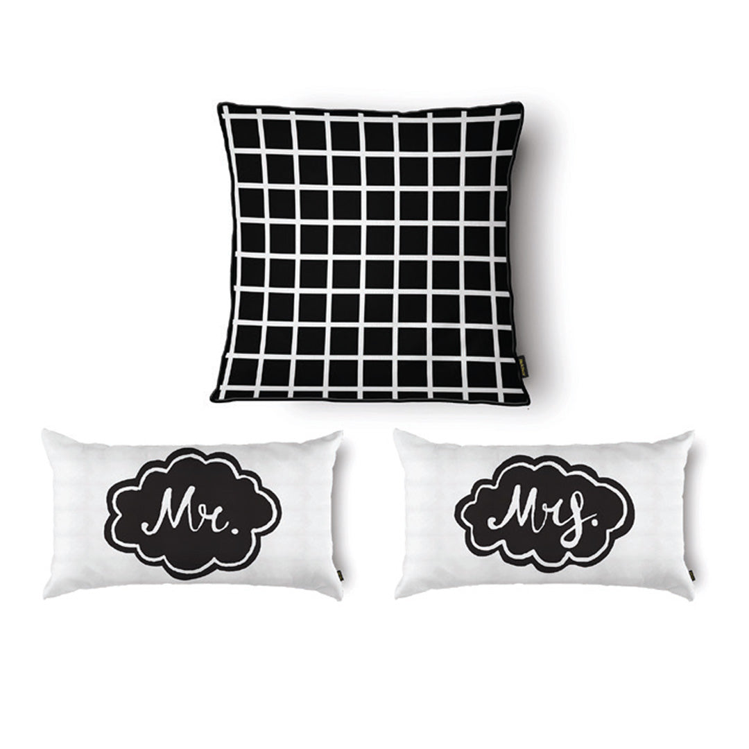 Kit Capas De Almofada Aveludada Preta Branca Mr. Mrs. Cordonê