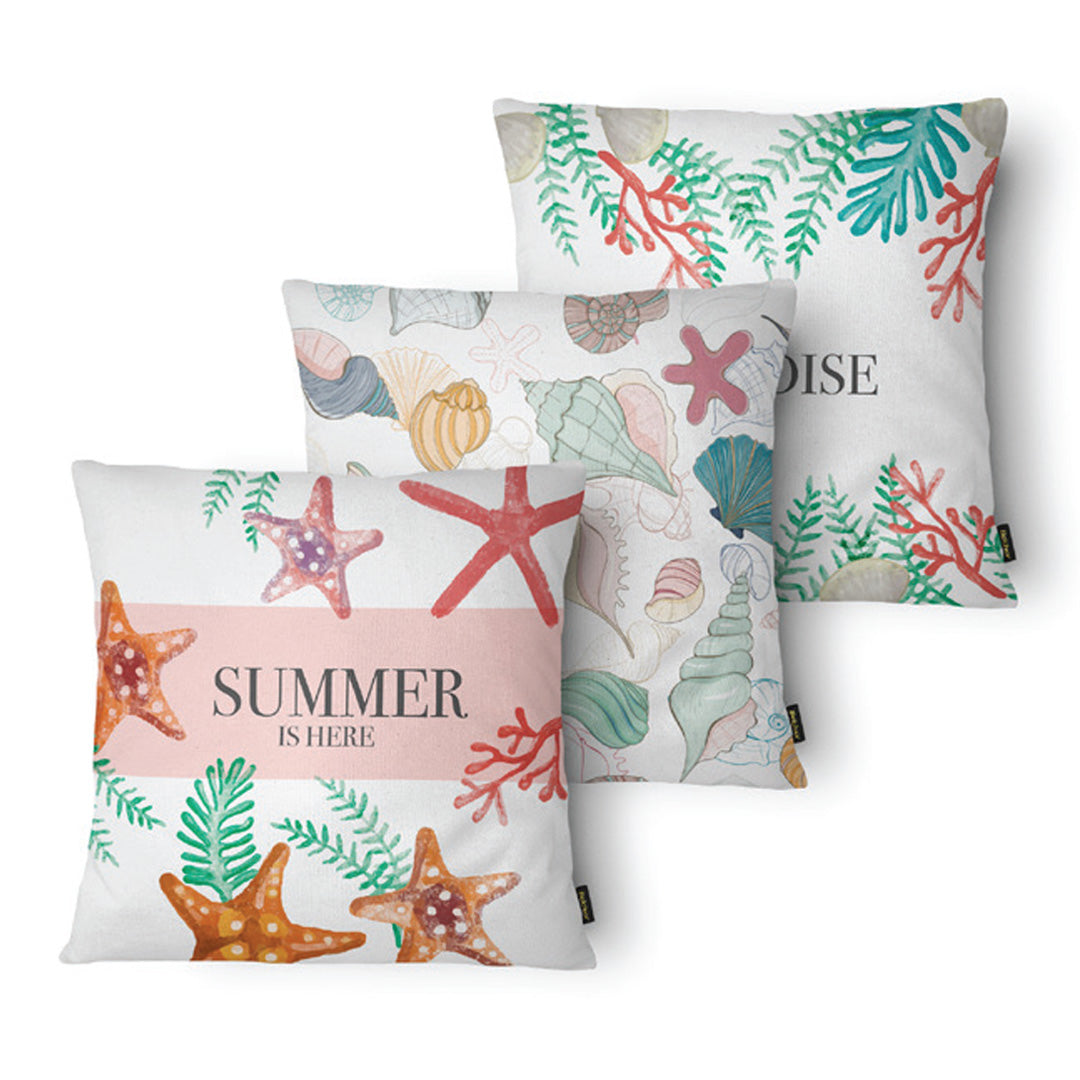 Kit Capas De Almofada Summer Conchas Algas Estrela Mar Quadrada