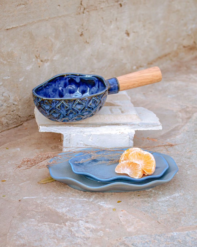 Bowl Azul Com Cabo de Bambu