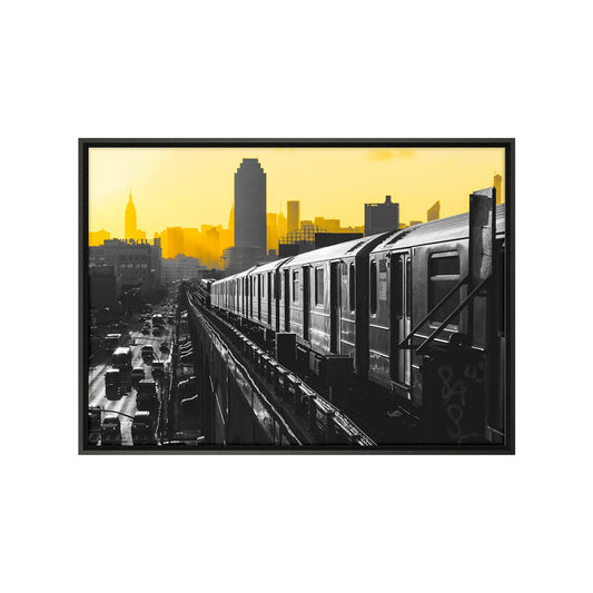 Quadro Cidade Trem Amarelo com Vidro Moldura 3D Preta - Médio 70x50cm