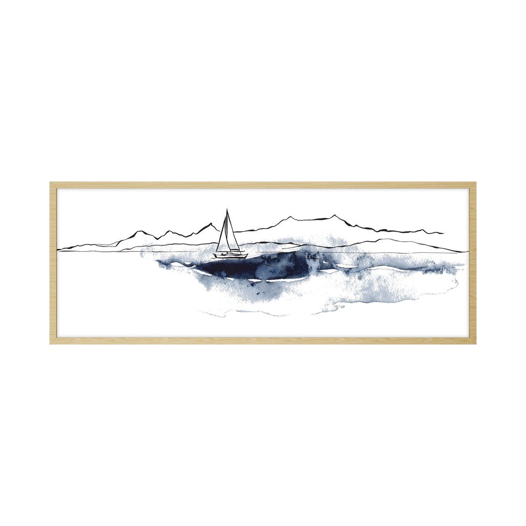 Quadro Barco no Mar sem Vidro Moldura Amadeirada - Médio 94x34cm