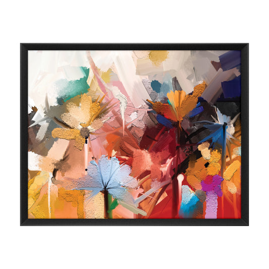 Quadro Abstrato Flores Tela Fosca Moldura 3D Preta - Grande 100x80cm