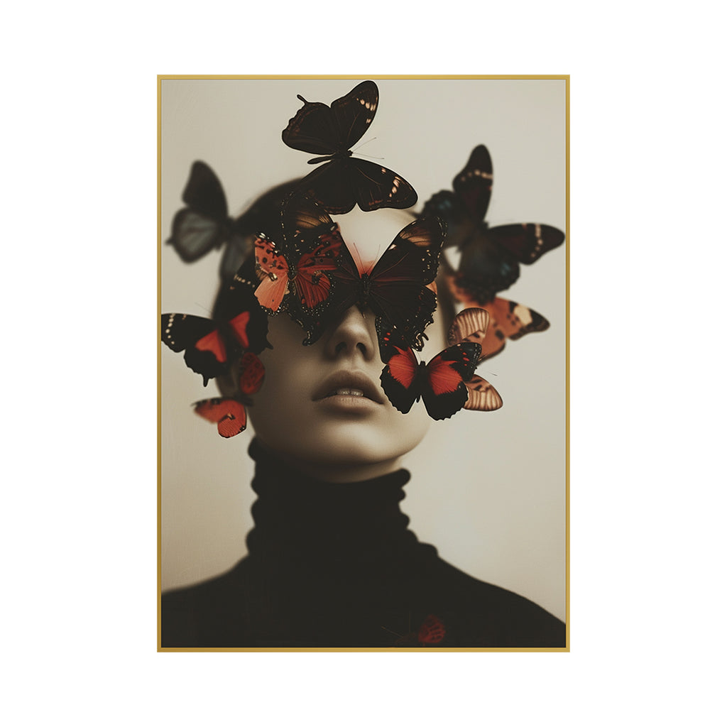 Quadro Mulher e Borboletas sem Vidro Moldura Amadeirada - Grande 80x120cm