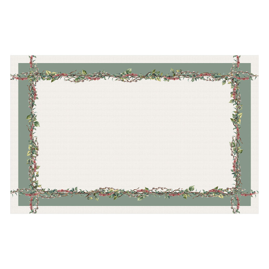 Toalha de Mesa Retangular Verde c/ Ramos de Flores 6 Lugares 140x220