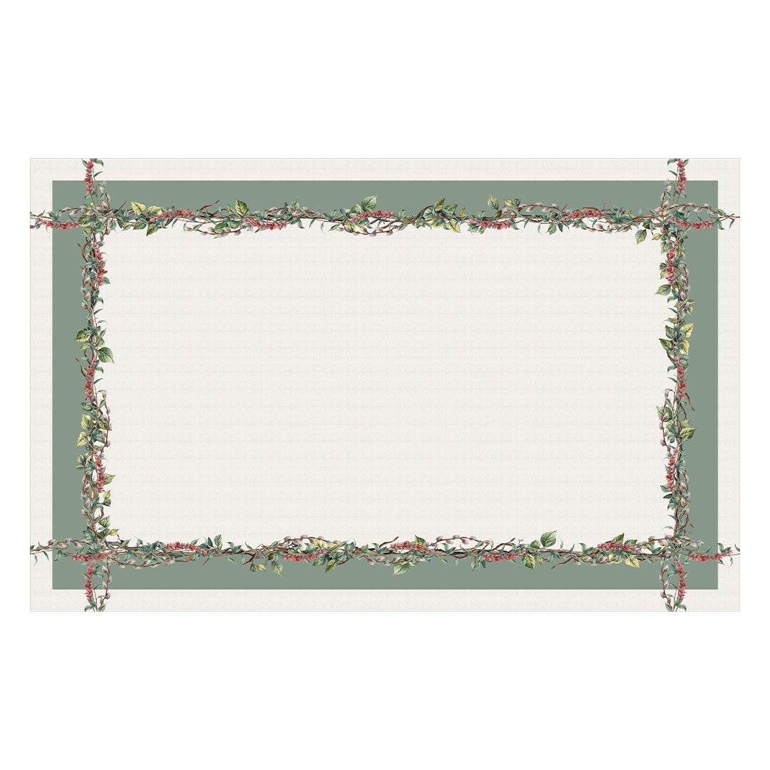 Toalha de Mesa Retangular Verde c/ Ramos de Flores 6 Lugares 140x220