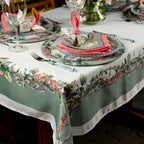 Toalha de Mesa Retangular Verde c/ Ramos de Flores 6 Lugares 140x220