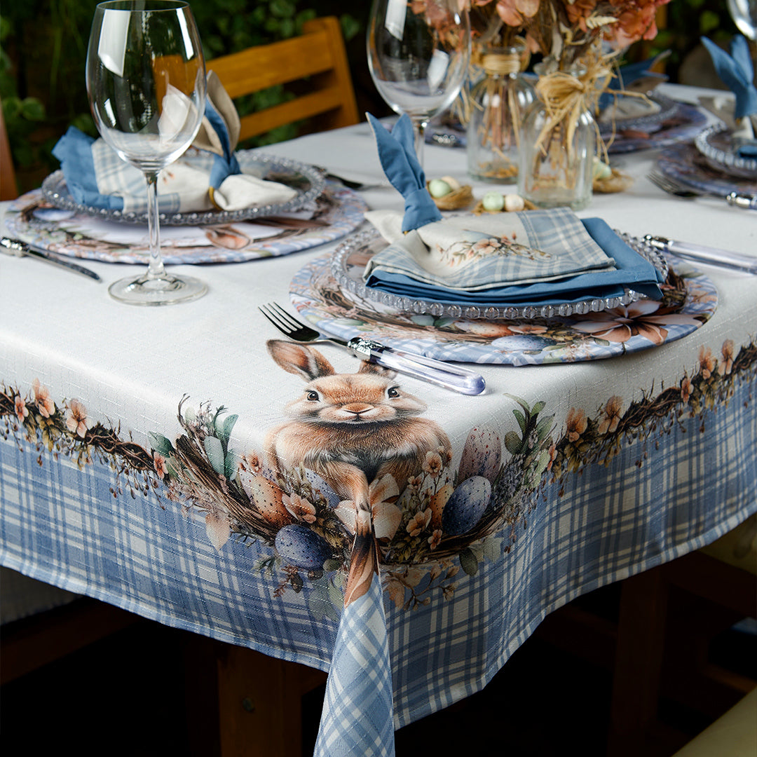 Toalha de Mesa Retangular Coelho Páscoa Xadrez Azul 6 Lugares 140x220