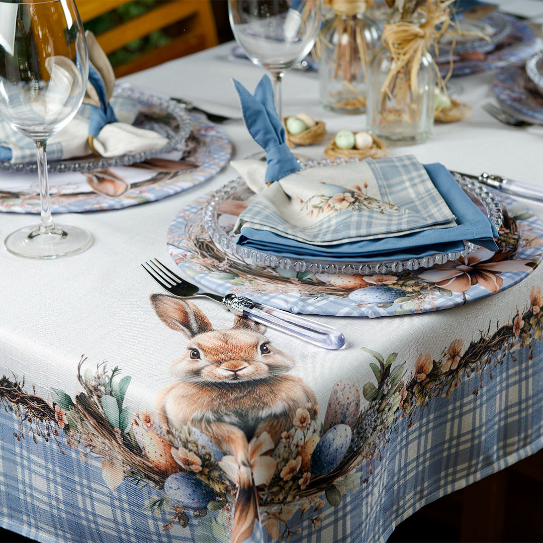 Toalha de Mesa Retangular Coelho Páscoa Xadrez Azul 6 Lugares 140x220