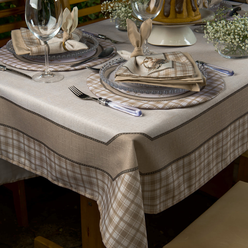 Toalha de Mesa Retangular Clássica Xadrez Bege 6 Lugares 140x220