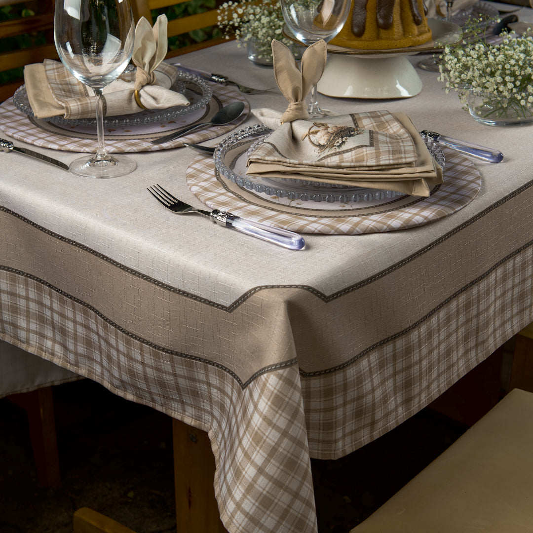 Toalha de Mesa Retangular Clássica Xadrez Bege 6 Lugares 140x220