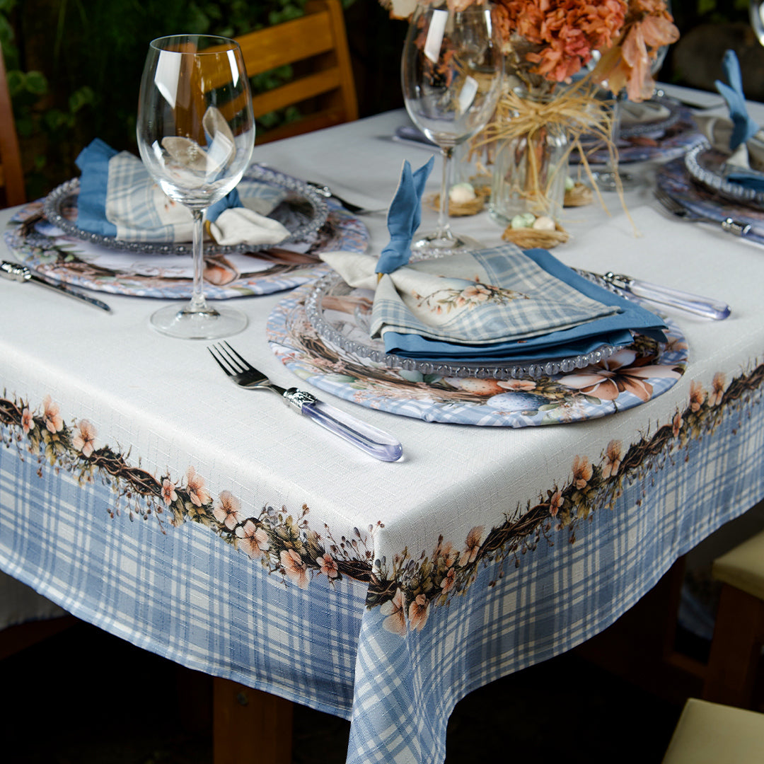 Toalha de Mesa Retangular Ramos Flores Xadrez Azul 8 Lugares 140x270