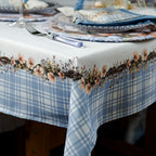 Toalha de Mesa Retangular Ramos Flores Xadrez Azul 8 Lugares 140x270