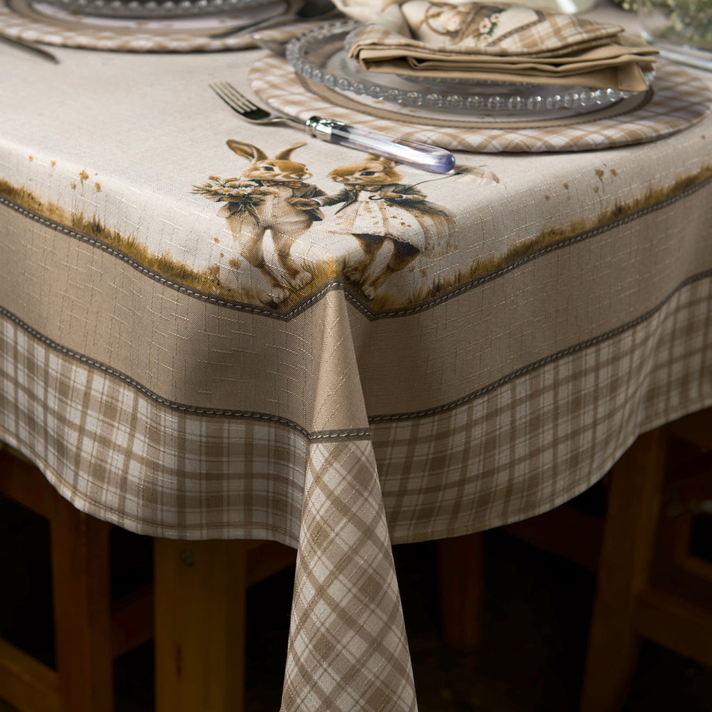 Toalha de Mesa Retangular Casal de Coelhos Páscoa 8 Lugares 140x270