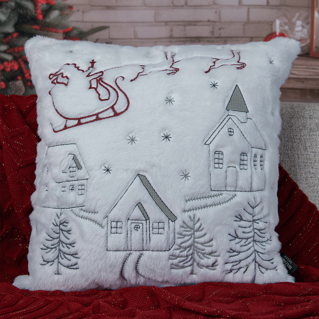 Capa Almofada Natalina Bordada c/ Pelúcia Branca e Veludo Vermelho 43x43cm