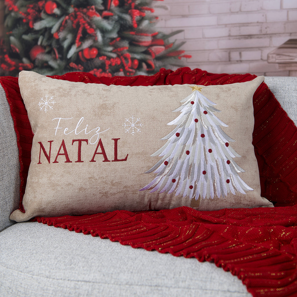 Capa Almofada Aveludada Bordada Árvore de Natal 35x55cm