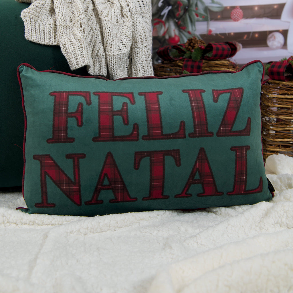 Capa Almofada Natalina Veludo Verde - Feliz Natal 35x55cm