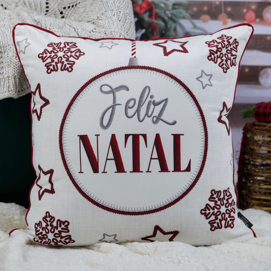 Capa Almofada Veludo Branco Feliz Natal 50x50cm c/ Cordonê