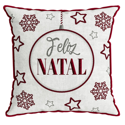 Capa Almofada Veludo Branco Feliz Natal 50x50cm c/ Cordonê