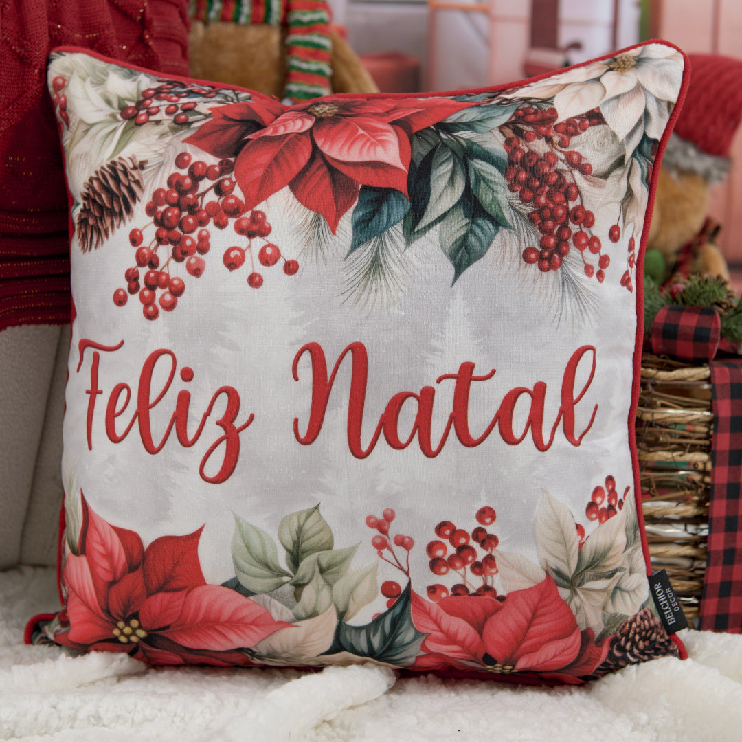 Capa Almofada Aveludada Flor de Natal Bico de Papagaio 43x43cm c/ Cordonê