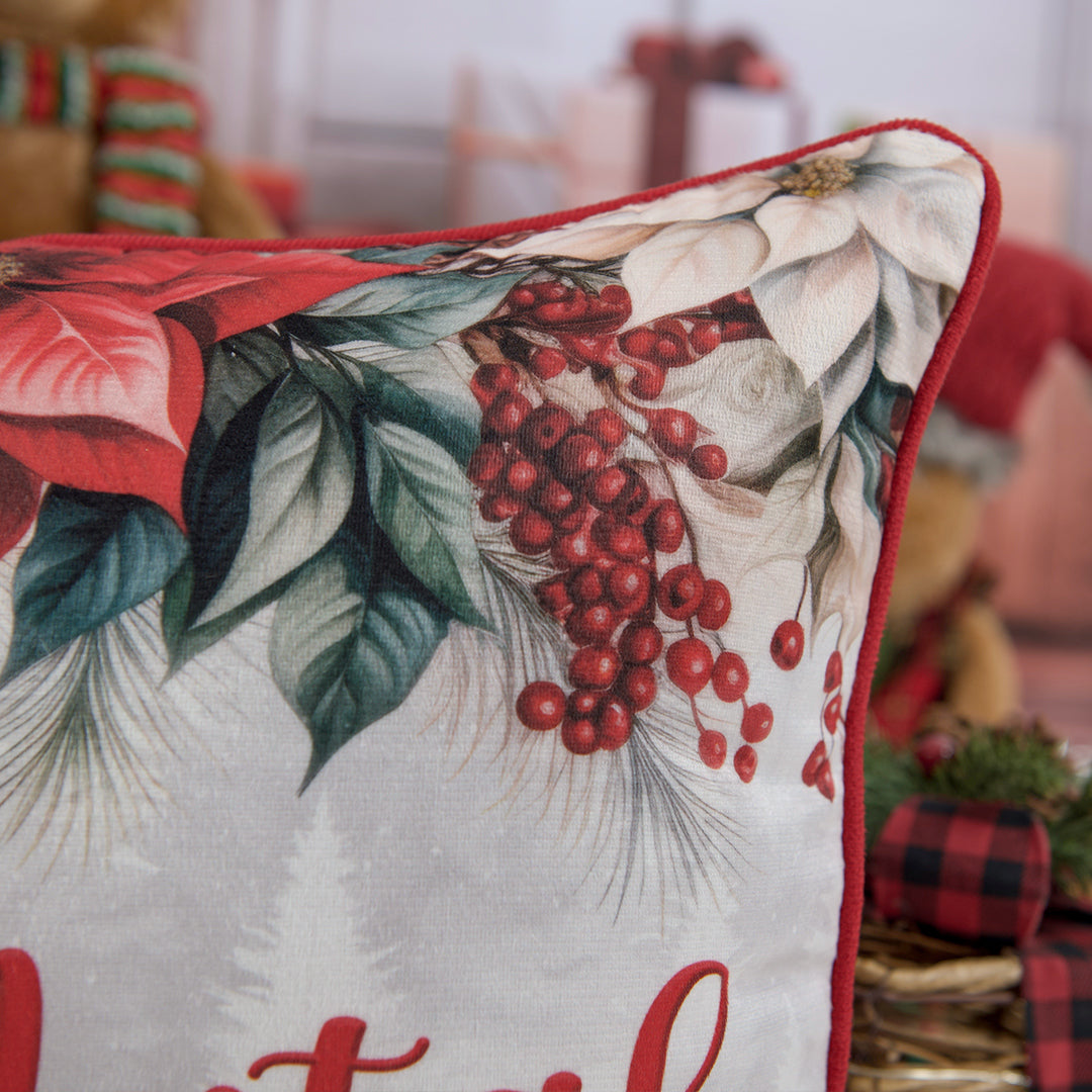 Capa Almofada Aveludada Flor de Natal Bico de Papagaio 43x43cm c/ Cordonê
