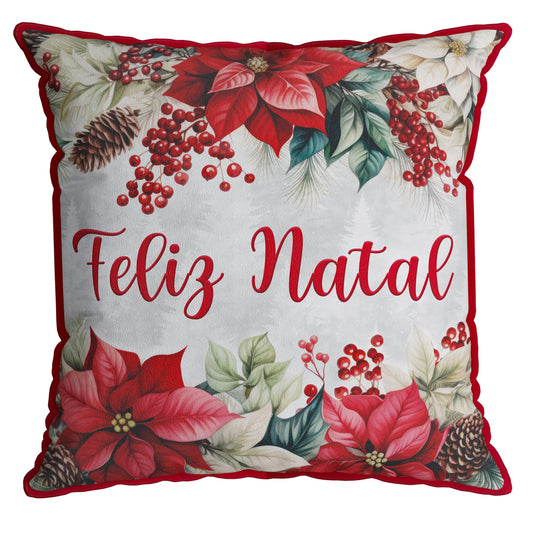 Capa Almofada Aveludada Flor de Natal Bico de Papagaio 43x43cm c/ Cordonê