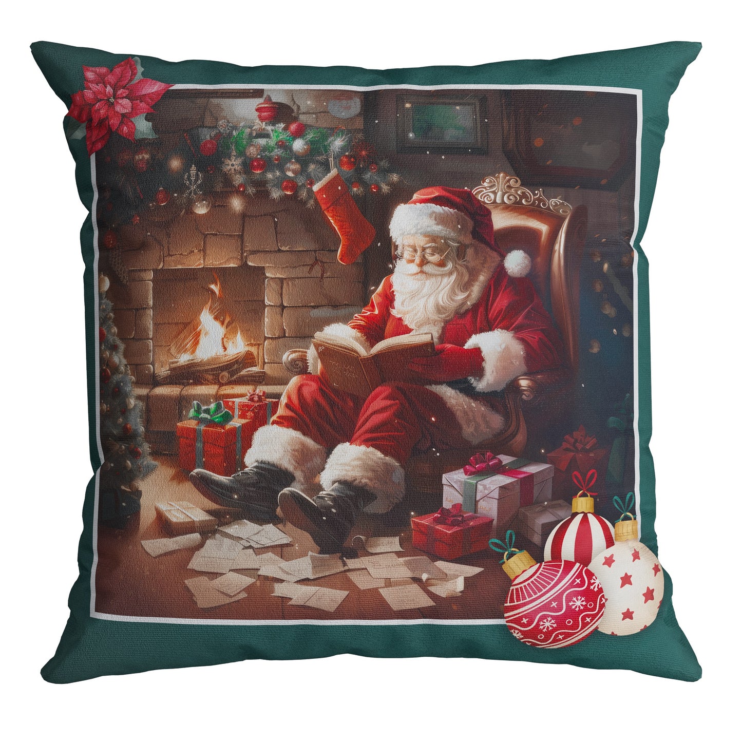 Capa Almofada Aveludada - Papai Noel Lendo na Lareira 43x43cm