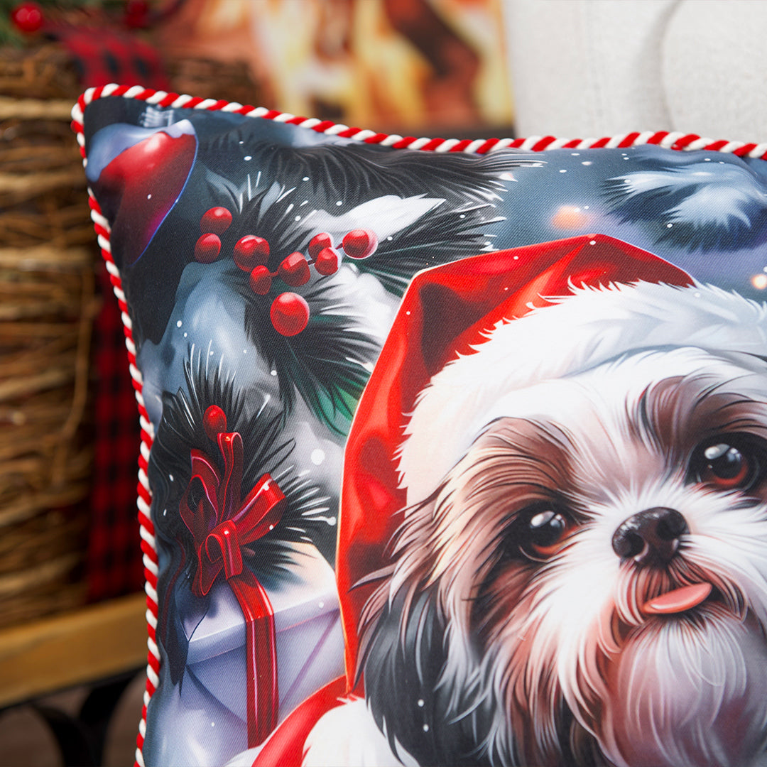 Capa Almofada Filhote de Cachorro c/ Roupa de Natal 43x43cm c/ Cordão