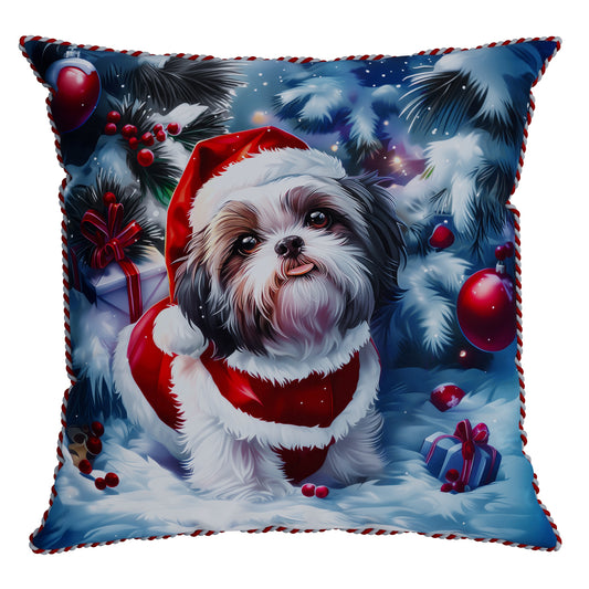 Capa Almofada Filhote de Cachorro c/ Roupa de Natal 43x43cm c/ Cordão