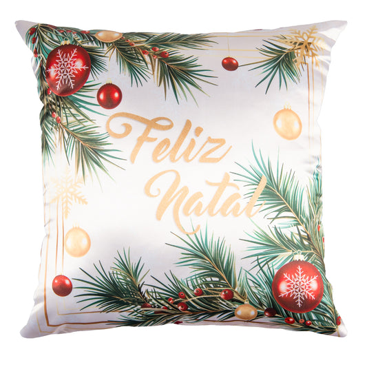 Capa Almofada Cetim Branco Champagne - Feliz Natal 43x43cm