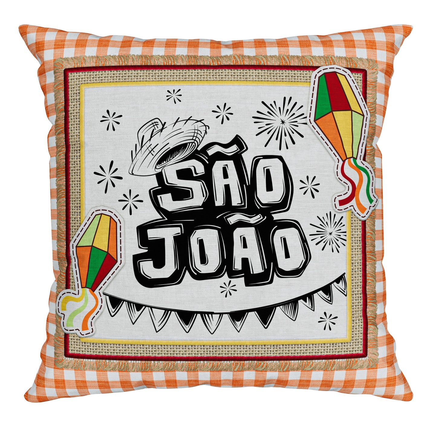 Capa Almofada Veludo São João Balão e Bandeirolas em Cordel 43x43cm