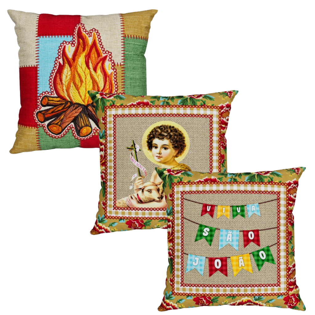Kit 3 Capas de Almofada Aveludada São João Fogueira Junina 43x43cm