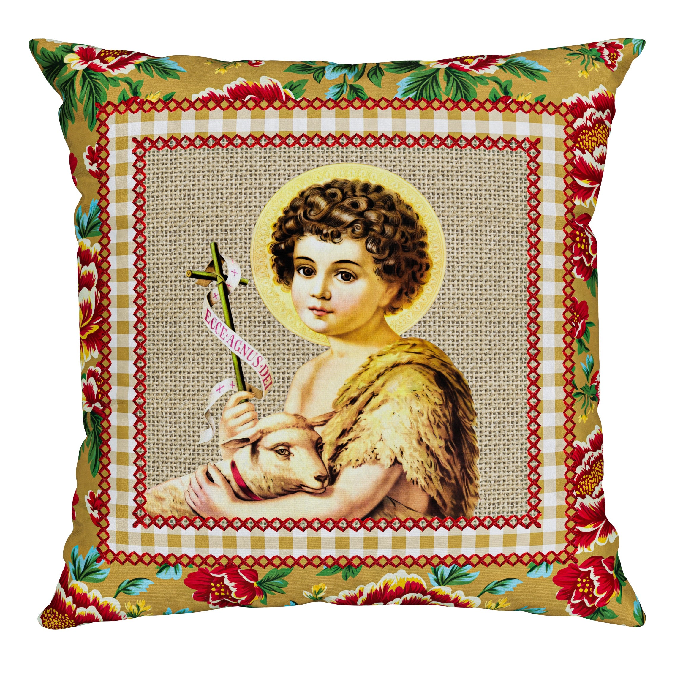 Capa Almofada Aveludada  São João Rosas e Cordeirinho 43x43cm