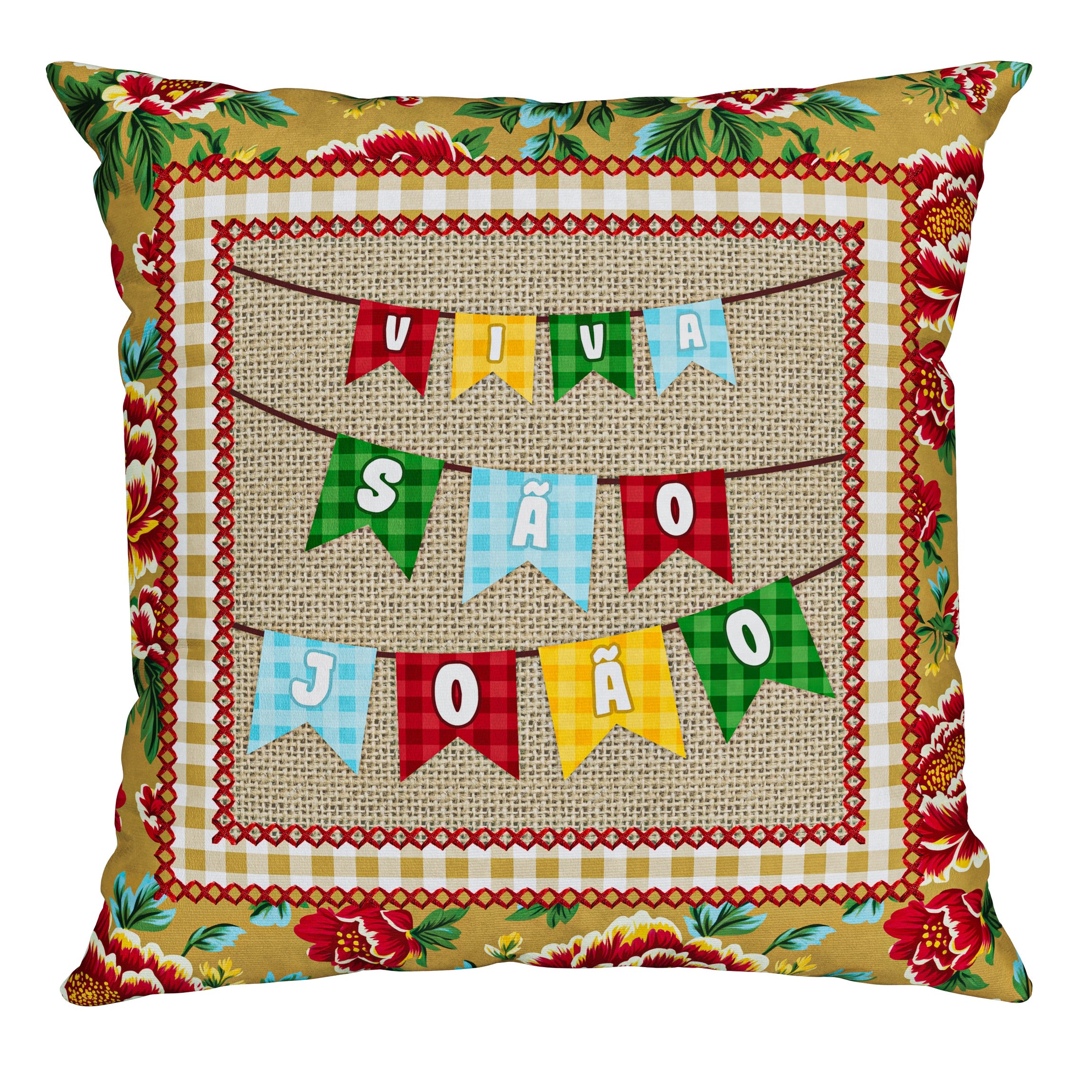 Capa Almofada Aveludada São João Bandeirolas e Rosas 43x43cm