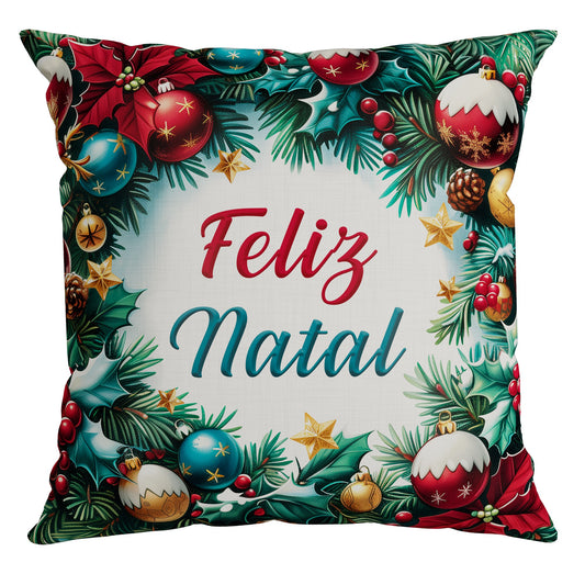 Capa Almofada Frente Feliz Natal - Verso Vermelho Liso Authentic 43x43cm