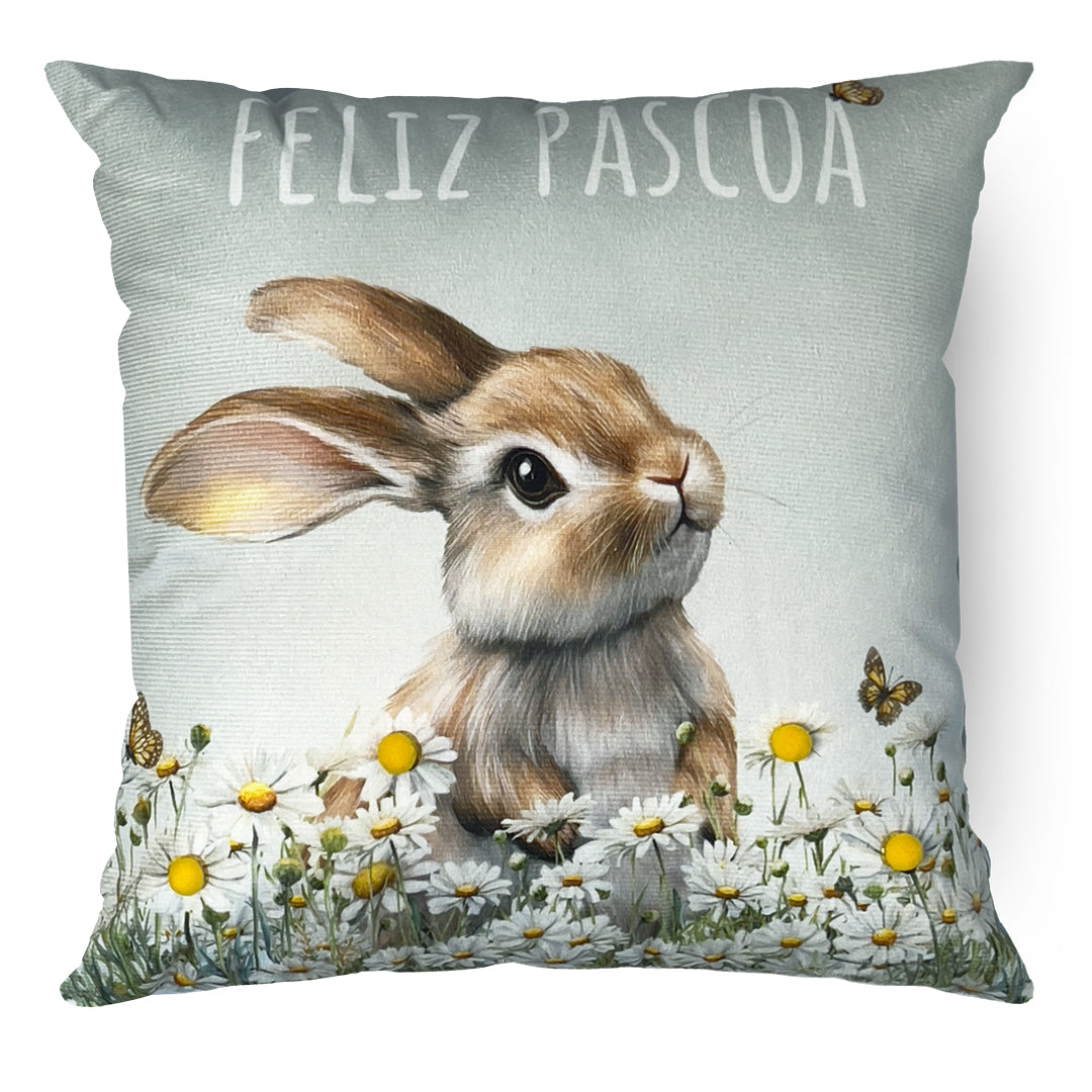 Capa Almofada Aveludada Feliz Páscoa - Margaridas c/ Pompom 43x43cm