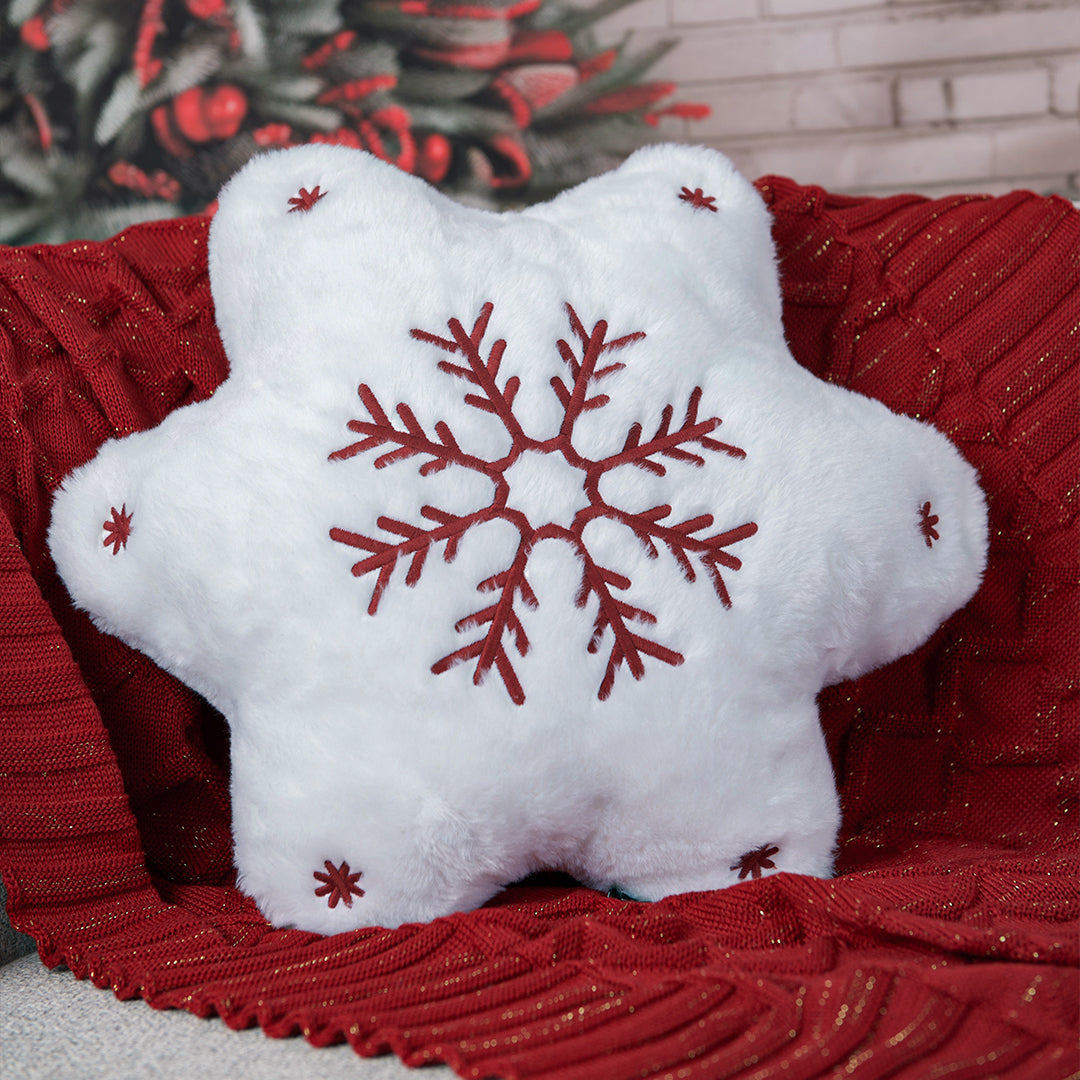 Almofada Pelúciada Bordada Floco de Neve Natal 46x41cm Pelo Baixo