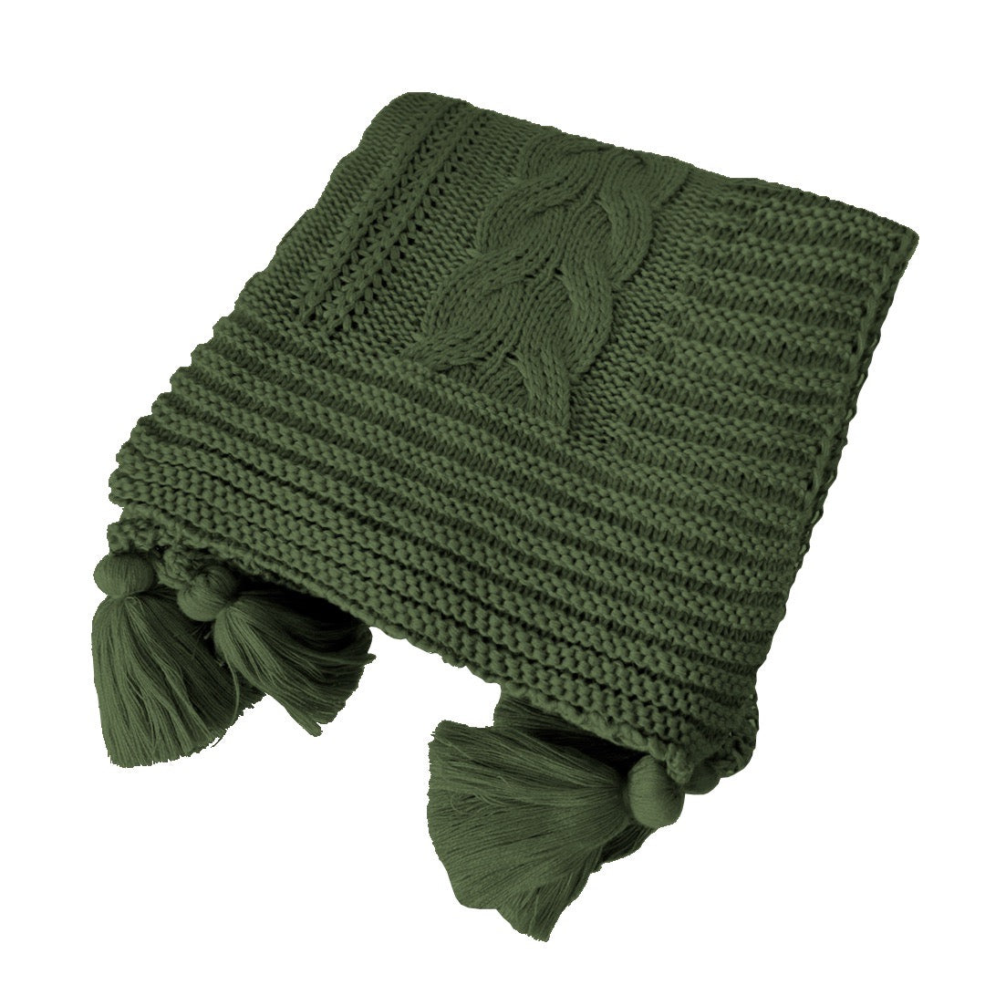 Manta Tricot Verde Militar 90x180 cm com Tassel - Trançada