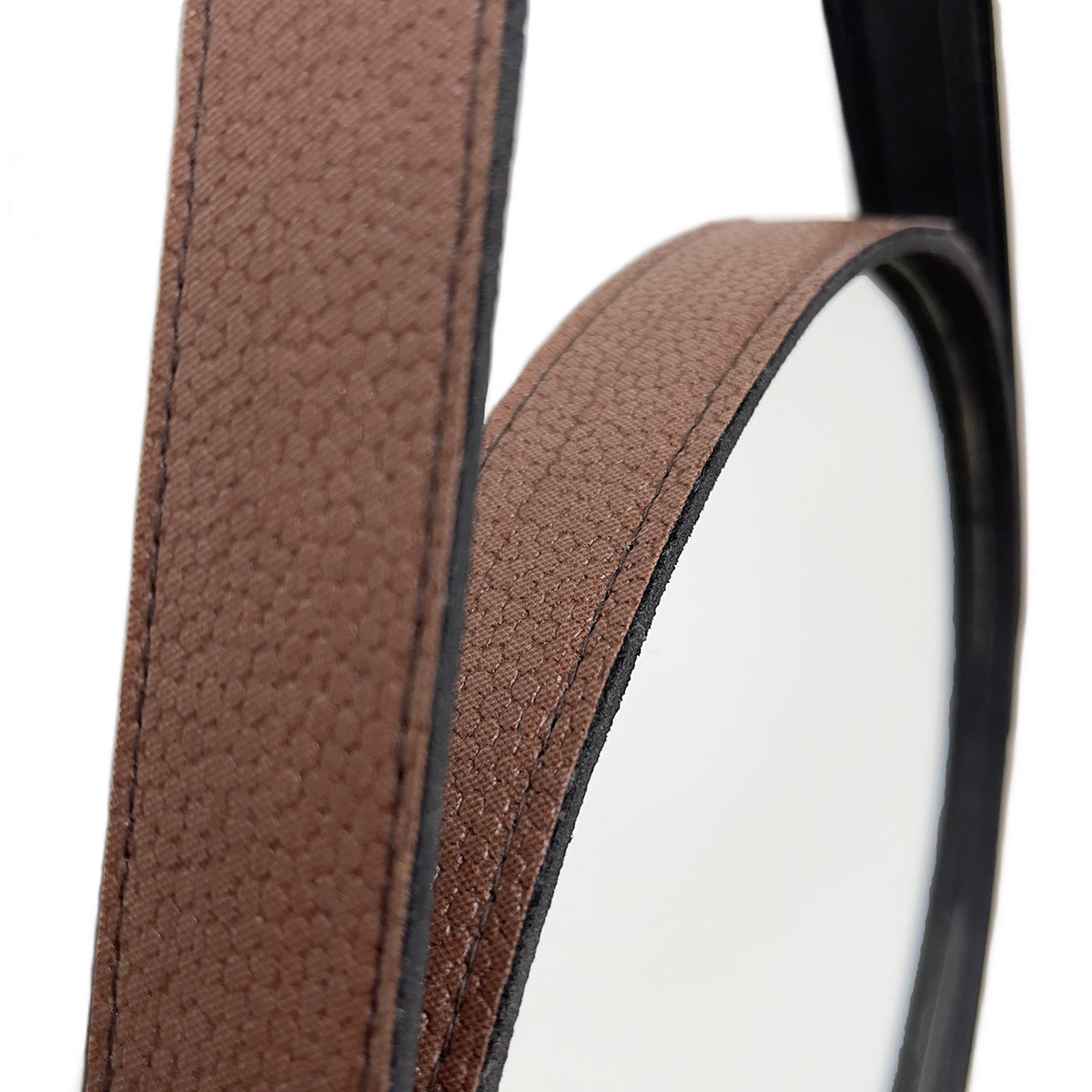 Espelho Redondo 30cm Decorativo com Alça em Couro Ecológico + Pendurador Incluso Moderno Parede