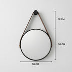 Espelho Redondo 30cm Decorativo com Alça em Couro Ecológico + Pendurador Incluso Moderno Parede